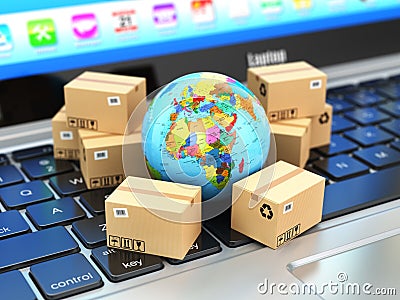 Shipping, delivery and logistic concept. Earth and cardboard box Stock Photo