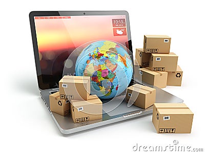 Shipping, delivery and logistic concept. Earth and cardboard box Stock Photo
