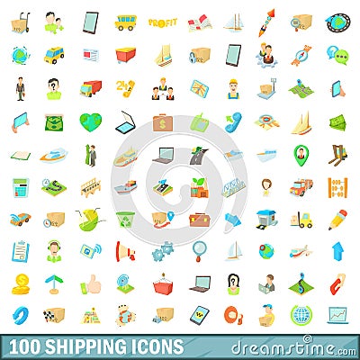 100 shipping icons set, cartoon style Vector Illustration