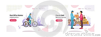 Shipping letters French mail delivery service landing page set. Advertising user interface website Vector Illustration