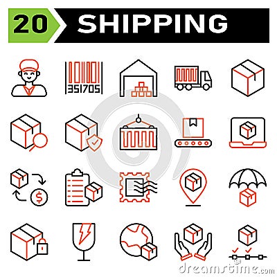 Shipping and logistic icon set include man, delivery, holding, service, courier, customer, bar code, tracking, order, bar, code, Vector Illustration