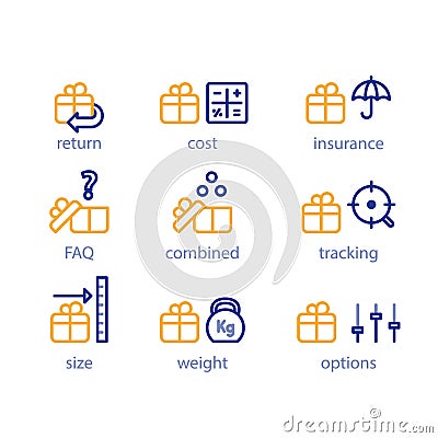 Shipping options, shipment services, parcel parameters, box size and weight Vector Illustration