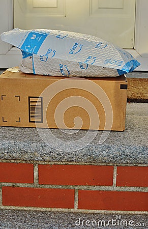 Amazon Shipping Boxes Delivered to Residential Home Front Doorstep Editorial Stock Photo