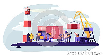 Shipping Port with Harbor Crane Loading Containers to Marine Freight Boat. Seaport Workers Carry Boxes from Truck in Docks Vector Illustration