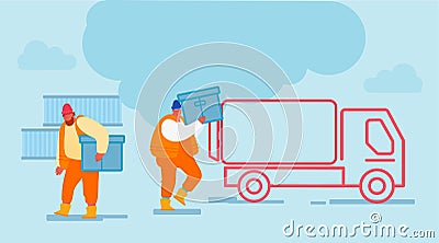 Shipping Port Men Loading Containers to Freight Truck. Seaport Workers Carry Box to Lorry in Docks. Global Logistic Vector Illustration