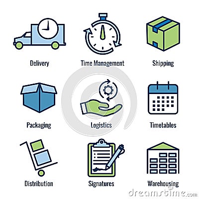 Shipping and Receiving Icon Set with Boxes, Warehouse, checklist, etc Vector Illustration