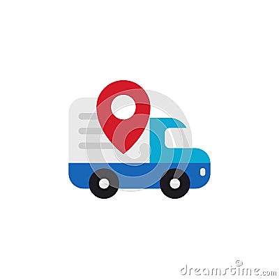 Shipping truck tracking icon design. Moving car with map pin locator illustration for courier delivery tracker symbol Cartoon Illustration