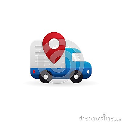 Shipping truck tracking icon design. Moving car with map pin locator illustration for courier delivery tracker symbol Cartoon Illustration
