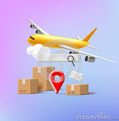 Shippment online tracking 3d render composition with carton boxes and yellow airplaine, search field UI element Vector Illustration