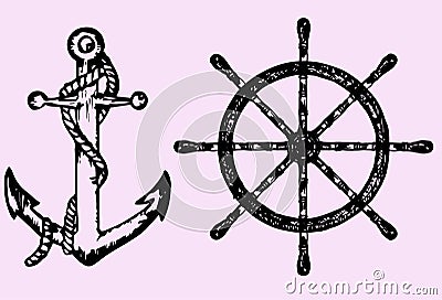 Ships anchor and wheel Vector Illustration
