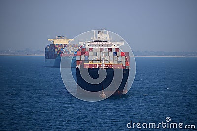 Ships on anchorage on Los Angeles and Long Beach roads Editorial Stock Photo