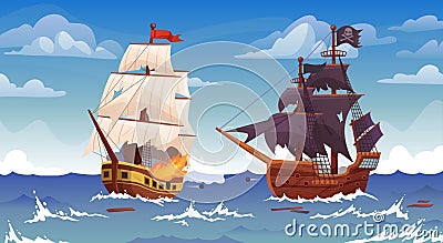 Ships battle. Sea vessels war, old pirate brigantine ship cannon shooting to frigate or galleon cartoon boat shipwreck Vector Illustration