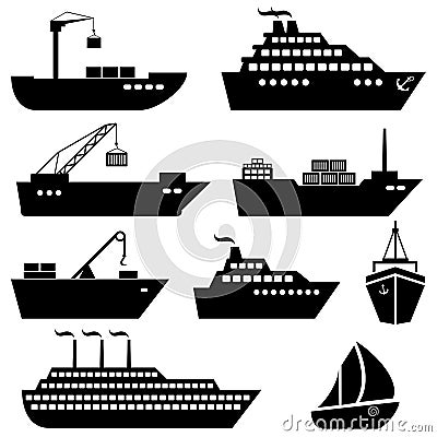 Ships, boats, cargo, logistics and shipping icons Vector Illustration