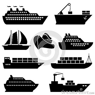 Ships, boats, cargo, logistics and shipping icons Vector Illustration