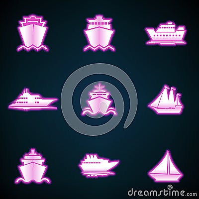 Ships, boats, cargo, logistics, transportation and shipping icons,glowing neon ui ux icon. Glowing sign Stock Photo