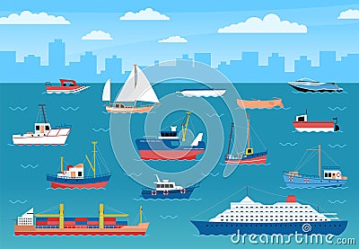 Ships boats and cargo in ocean. Liners and yachts, marine transportation and logistic. Sea travel and adventures, flat Vector Illustration