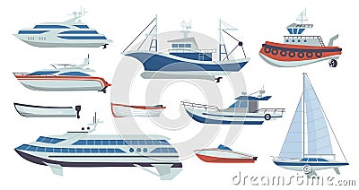 Ships and boats. Cartoon passenger transport. Side view of sailboat or fishing vessel. Sea vehicle types set. Yacht and Vector Illustration