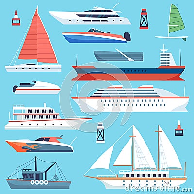 Ships boats flat. Maritime transport, ocean cruise liner ship, yacht with sail. Large vessels cargo barge flat vector Vector Illustration