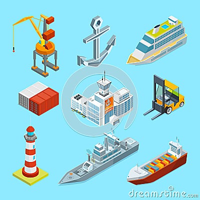 Ships, boats and seaport terminal. Cargo containers and crane for loading Vector Illustration