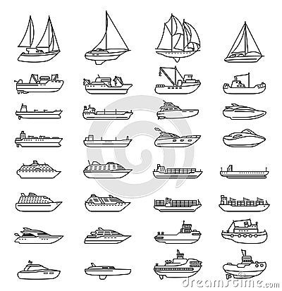 Ships and boats set. Barge and cargo ship, tanker, sailing vessel, cruise liner, tugboat, fishing and speed boat Vector Illustration