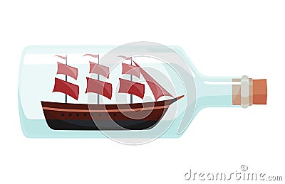 Ships in bottle. Glass with object inside. Miniature model of marine vessel. Hobby craft work and sea theme. Decorative Vector Illustration
