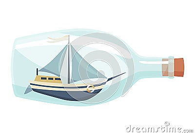 Ships in bottle. Glass with object inside. Miniature model of marine vessel. Hobby craft work and sea theme. Decorative Vector Illustration