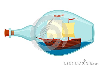 Ships in bottle. Glass with object inside. Miniature model of marine vessel. Hobby craft work and sea theme. Decorative Vector Illustration