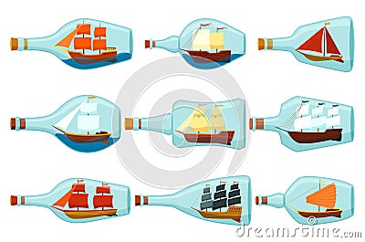 Ships in bottles. Set of glass with object inside. Miniature models of marine vessels. Hobby craft work and sea theme Stock Photo