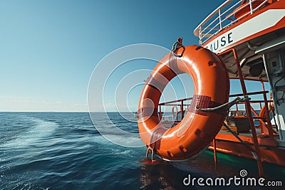 A ships cruise features an orange lifebuoy under an awning against the sea Stock Photo