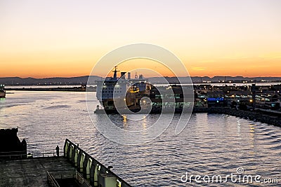 Ships and ferries in the port of La Gullet in Tunisia at sunset Editorial Stock Photo