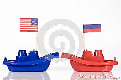 ships with the flags of united states and russia or russian federation Stock Photo