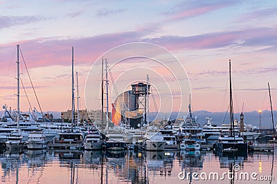 Ships in the harbor Port Vell in the city Barcelona, Spain Stock Photo