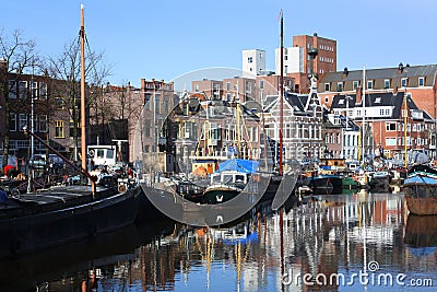 Ships in the harbour in Groningen. The netherlands Editorial Stock Photo