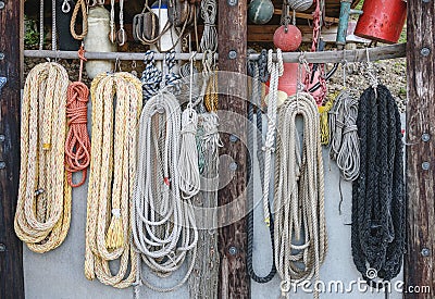 Ships rigging, ropes, fishing nets and rope ladders. Travel foto Stock Photo