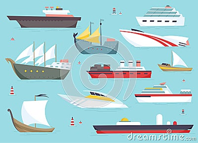 Ships at sea, shipping boats, ocean transport vector icons set Vector Illustration