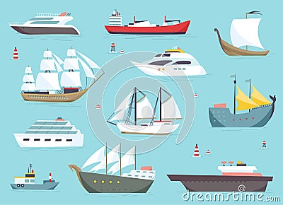 Ships at sea, shipping boats, ocean transport vector icons set Vector Illustration