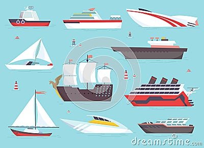 Ships at sea, shipping boats, ocean transport vector icons set Vector Illustration