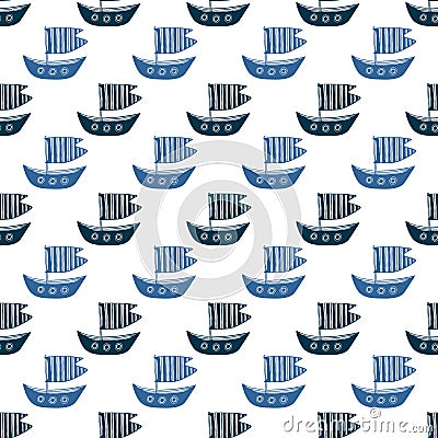 Ships seamless pattern. Repeat vector background for baby boy fabric. Blue ships pattern for textile design. Simple nautical Vector Illustration