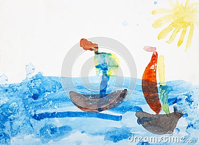 Ships in the sunny sea. Real drawing of a small child. Drawing by watercolor. Stock Photo