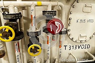 Ships valves, main engine - engineering interior. Stock Photo