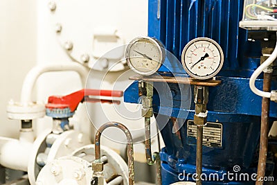 Ships valves, main engine - engineering interior. Stock Photo