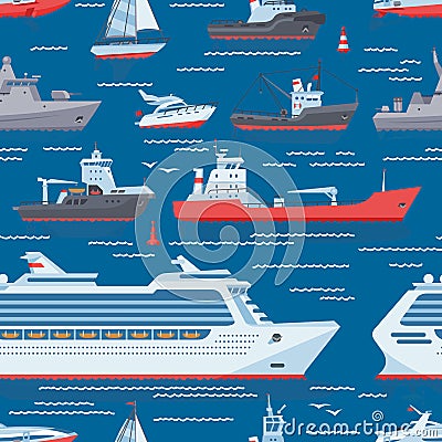 Ships vector boats or cruise travelling in ocean or sea and shipping transportation illustration marine set of nautical Vector Illustration