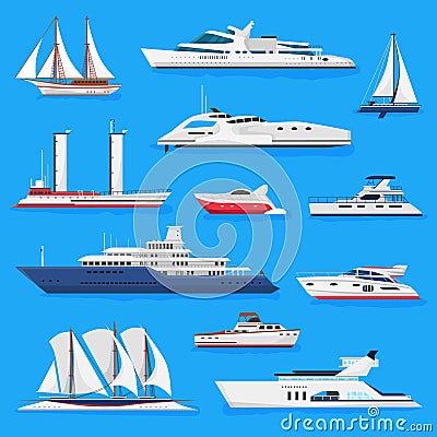 Ships vector boats or cruise travelling in ocean or sea and shipping transportation illustration marine set of nautical Vector Illustration