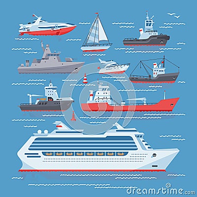 Ships vector boats or cruise travelling in ocean or sea and shipping transportation illustration marine set of nautical Vector Illustration