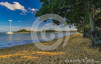 Shipstal beach, Dorset with views across harbour to the islands Stock Photo