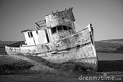 Shipwreck. Abandoned Wooden Boat. Stock Photo