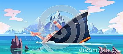 Shipwreck accident, ship run aground sink in ocean Vector Illustration
