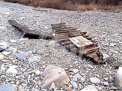 Shipwreck on the beach. Korean fishing wooden boat. Stock Photo