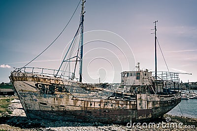 Shipwreck in the boat cemetery of Camaret sur mer, Finistere, Brittany Editorial Stock Photo