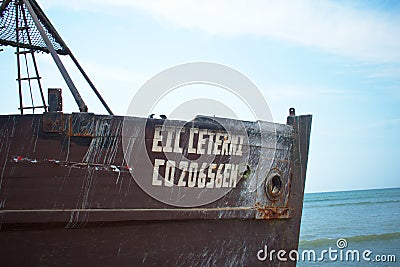 Shipwreck boat closeup along the coast of paracas peru Editorial Stock Photo